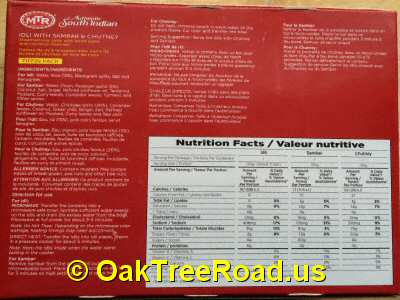 MTR Idli Sambar, Chutney Nutrition image © OaktreeRoad.us