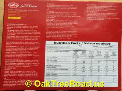 MTR Vada Sambar Chutney Nutrition image © OaktreeRoad.us